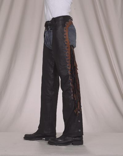 C338<br>Deluxe Leather Chaps w/ Stud & Fringe 