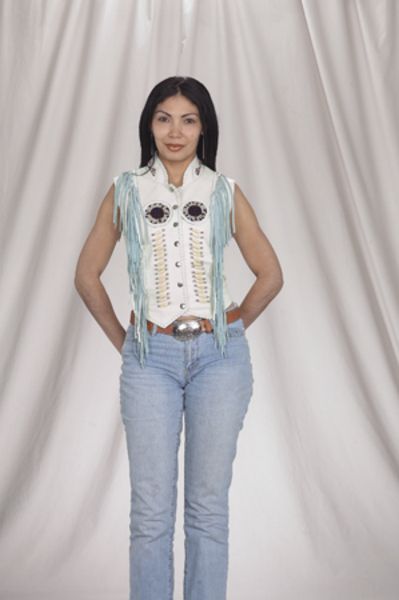 LV426<br>Ladies vest with beads, bone, braid and fringe with snaps