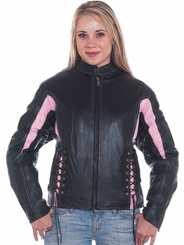 DLJ266-Pink Ladies black & pink leather racer jacket